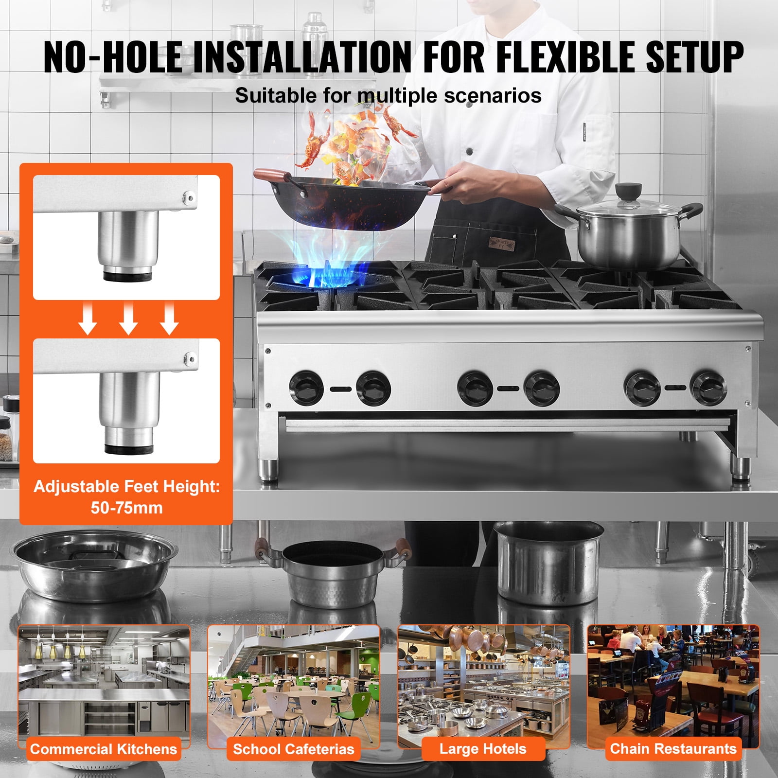 KFFKFF Gas Range for Commercial Kitchens, 6-Burner Countertop Model, Dual Fuel - Propane or Natural Gas, Made of Stainless Steel, Ideal for Restaurants, 168,000 BTU