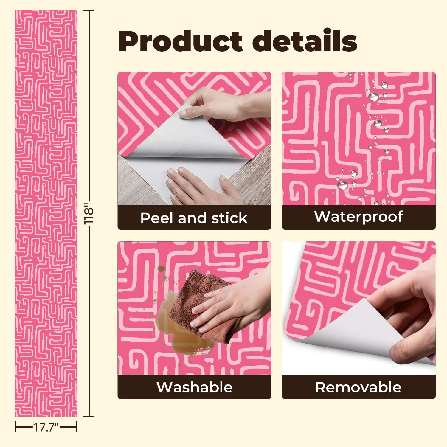 Peel and Stick Wallpaper Abstract Pink Curved Lines Wall Mural 17.7in x 9.8ft Self Adhesive Removable Wall Paper Renter Friendly Wallpaper for Nursery Bedroom Cabinets