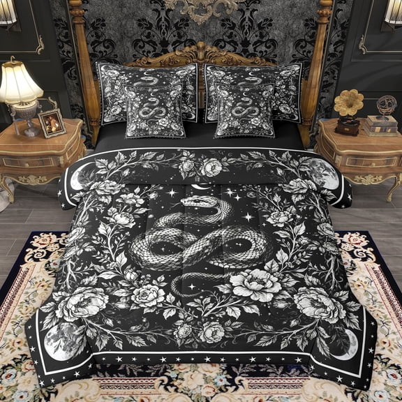 Homewish Teens Gothic Animal Snake Twin Bedding Sets 7-Piece,Boho Starry Sky Bedding Comforter Set Microfiber,Chic Floral Flowers Breathable Sheet Sets,Lightweight Room Decor,Reversible