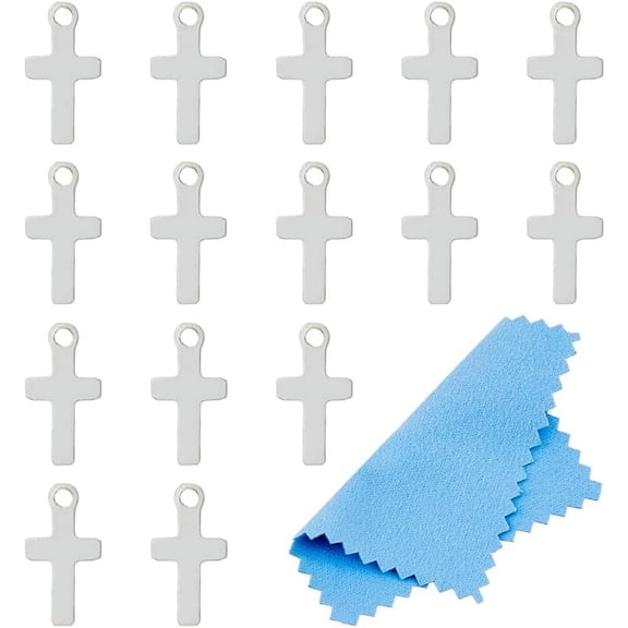 15Pcs Silver Small Cross Charms Pendants 925 Sterling Silver Easter Crucifix Charms 7x3.5mm Cross Pendant Beads with Polishing Cloth for DIY Jewelry Making Hole: 0.7mm