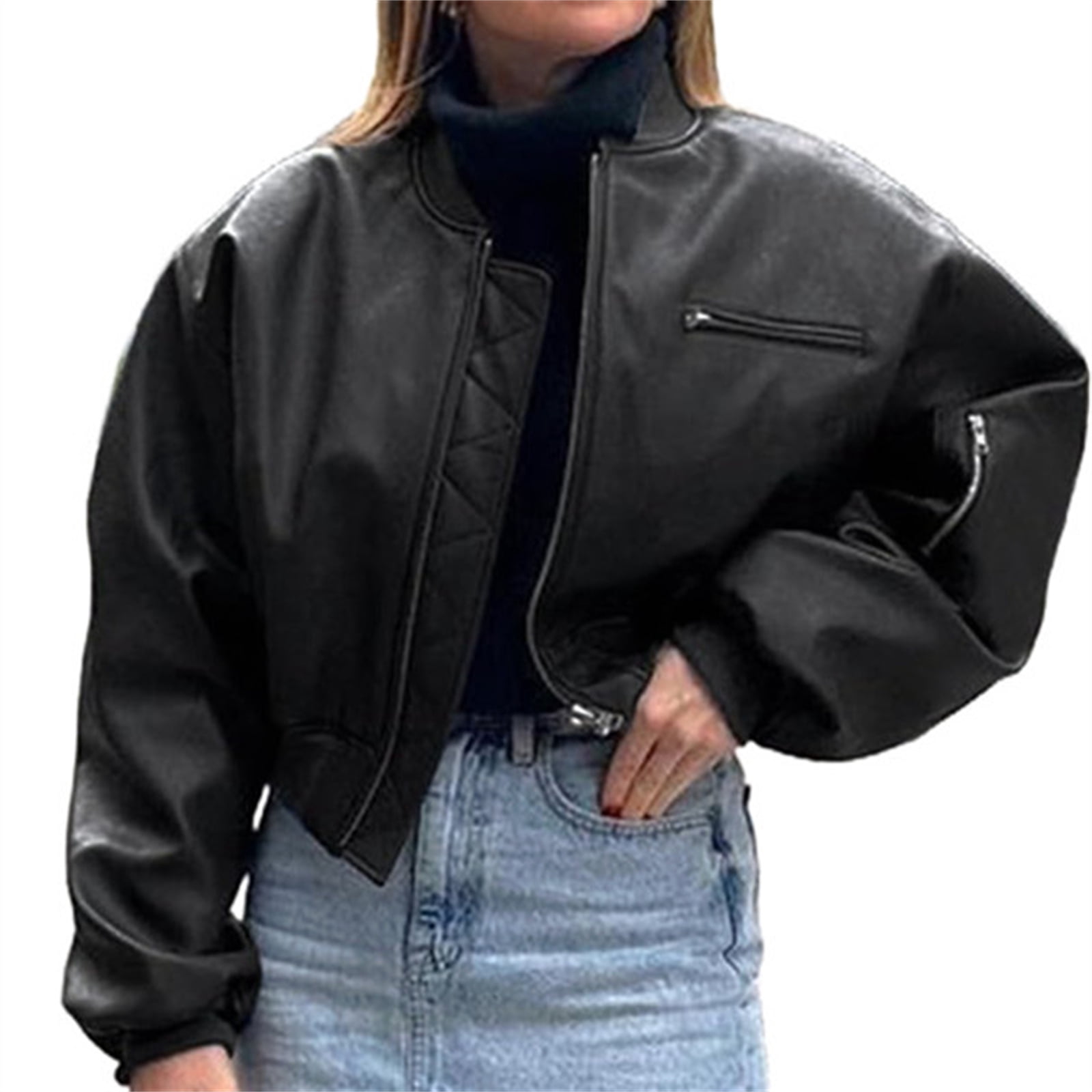 Womens Faux Leather Bomber Jackets Baseball Collar Zip Up Cropped Biker Coat with Pockets
