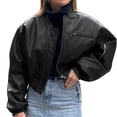 thumbnail image 4 of Womens Faux Leather Bomber Jackets Baseball Collar Zip Up Cropped Biker Coat with Pockets, 4 of 7