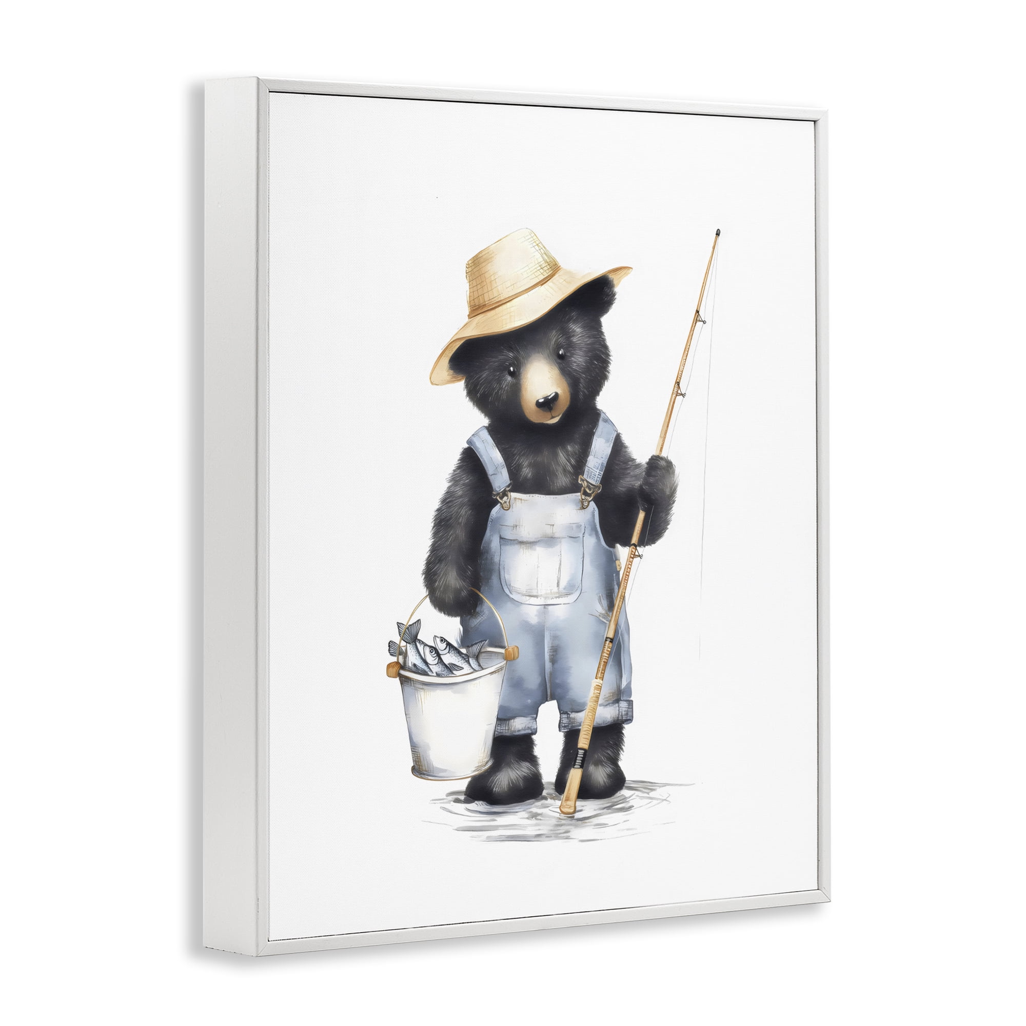 Stupell Industries Fishing Bear in Straw Hat White Framed Giclee Art, design by Arlington Prints