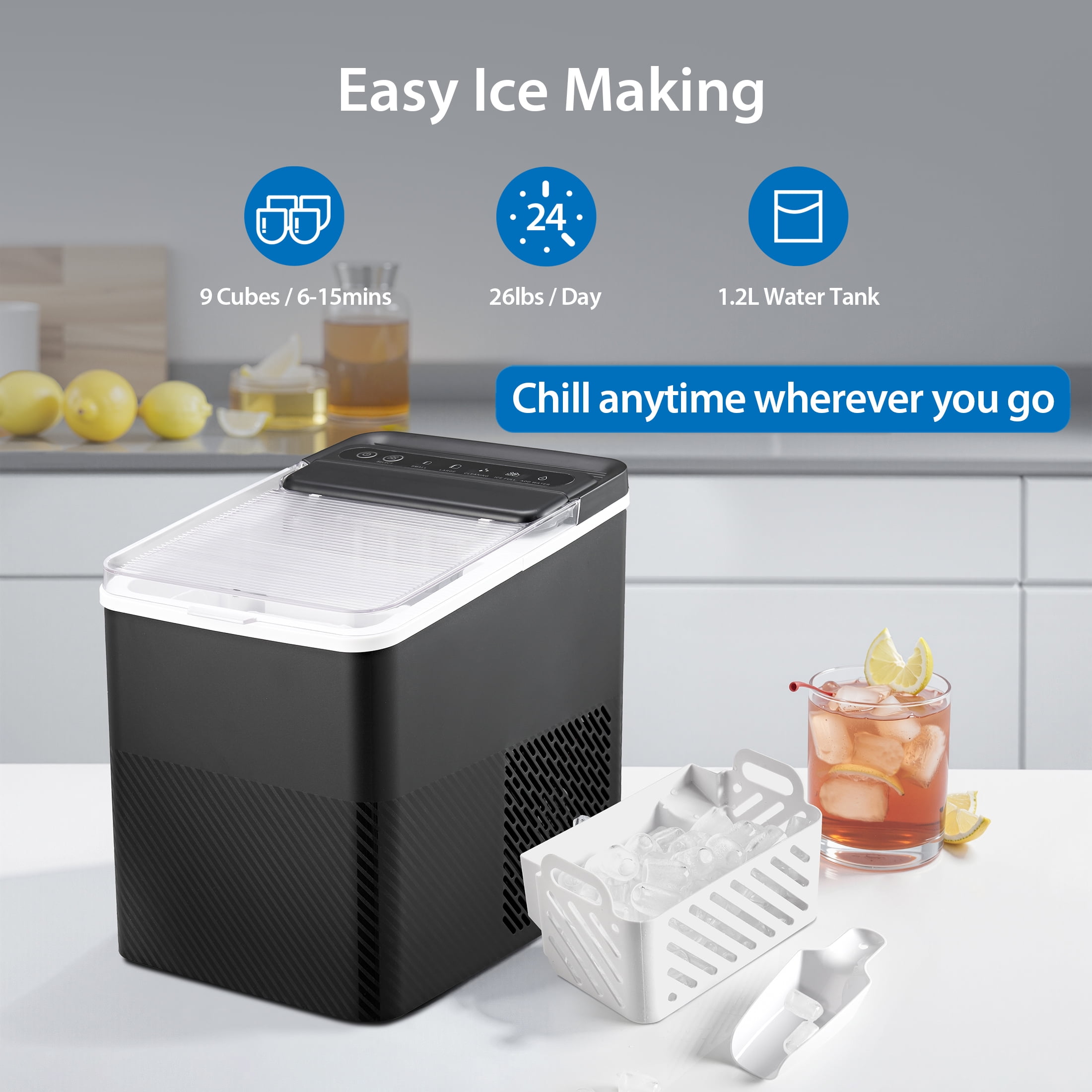 Mainstays Portable Countertop Ice Maker, 26 lbs Per Day, Compact Ice Machine with Quick Ice Cycles, No Plumbing Required, Black