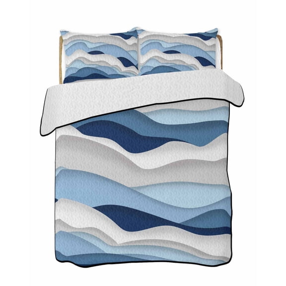 Quilts Twin Size Bedding Set, Blue White Ombre Lightweight Quilted Comforter, Modern Geometric Moire Abstract Art Soft Reversible Bedspread Coverlet with Pillow Covers for All Season, 68" x 86"