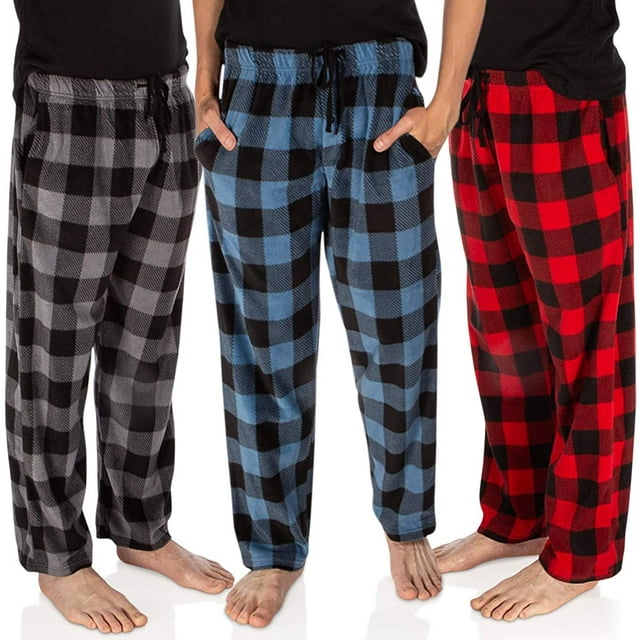 Conjunto de 3 pantalones de pijama a cuadros para hombre, de felpa, para estar en casa, con bolsillos, de micropolar.