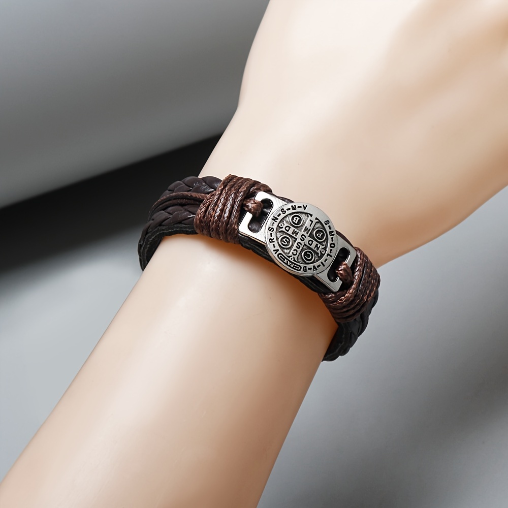 Fashion Alloy Vintage Handcrafted Leather Cross Bracelet – Adjustable Woven Leather Wristband for Men and Women,Coffee color