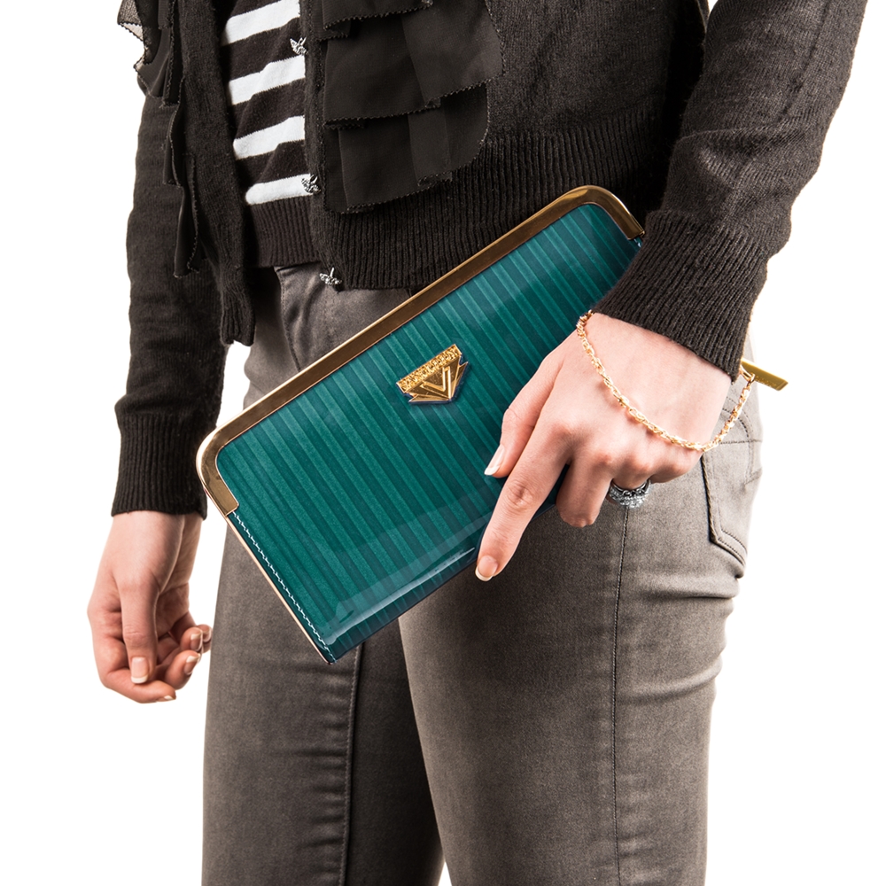 Women's Teal Striped Patent Leather Wallet with Card Holder Organizers and Convertible Golden Chain Wristlet