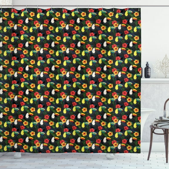 Ambesonne Bird Shower Curtain, Toucan Birds Hibiscus Leaves, 69"Wx70"L, Multicolor