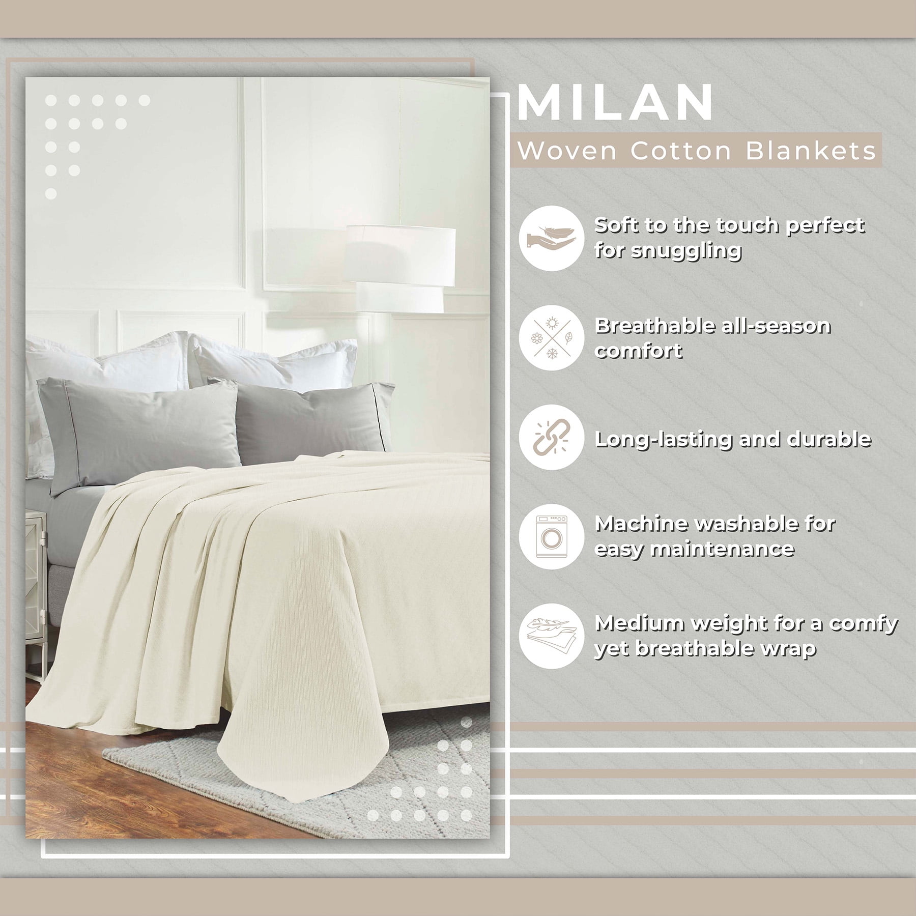 Superior Milan Cotton Textured Striped Woven Blanket, California King, Ivory