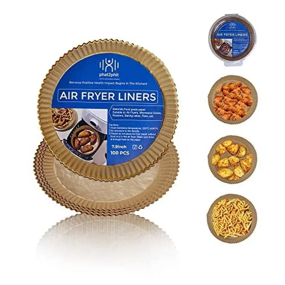 Phat2Phit Air Fryer Paper Liners, Round 100 Pcs Parchment Paper, Disposable, Bleach Free (8IN)