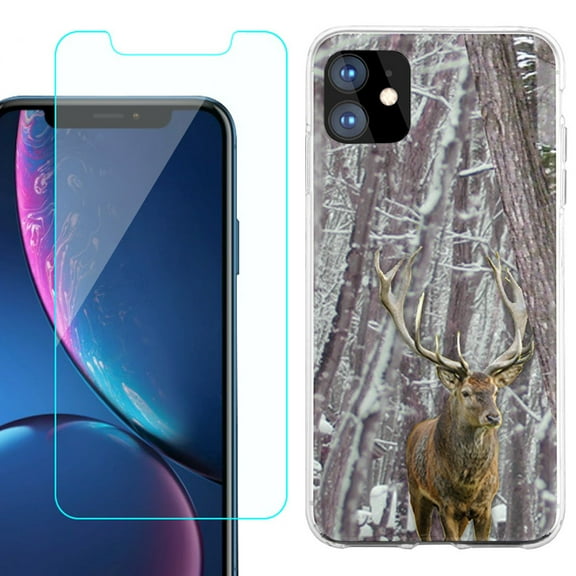 For Apple iPhone 11 Case , Slim-Fit TPU Protective Phone Case with Tempered Glass Screen Protector, by OneToughShield ® - Deer/Snow/Camo