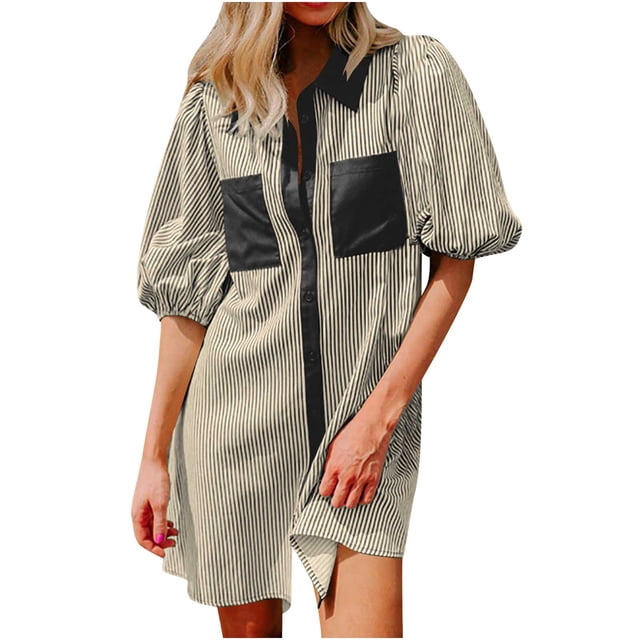 Camisas de Cuello en V de Manga Corta para Mujeres Vestido de Túnica de Rayas con Botón de Verano con Bolsillos, 95% Poliéster 5% Spandex para Diario Y Fiesta