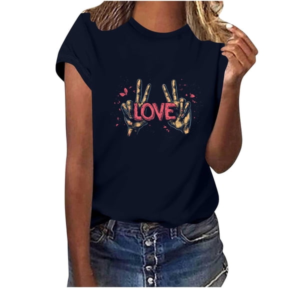 Felirenzacia Women's Cotton Graphic T-Shirt Love Peace Sign Heart Print Boxy Short Sleeve Pullover Tee Tops Navy,L