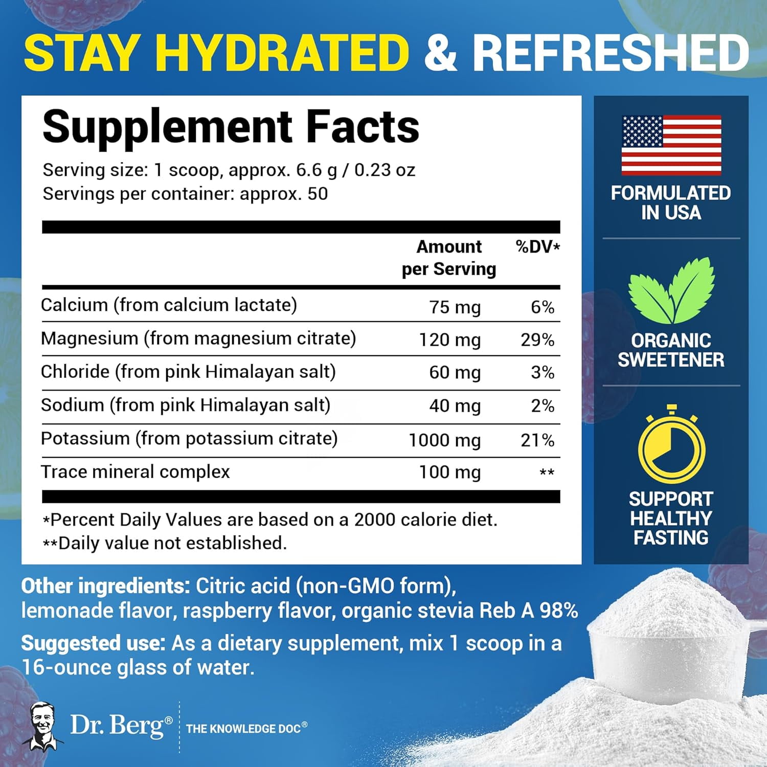 Dr. Berg Electrolyte Powder - Raspberry & Lemon Hydration Powder, 50 Servings