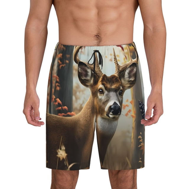 Fotbe American Wildlife Deer Forest Pantalones Cortos de Pijama para Hombre, Ropa de Dormir, Pantalones de Pijama Cortos para Hombre-3X-Large
