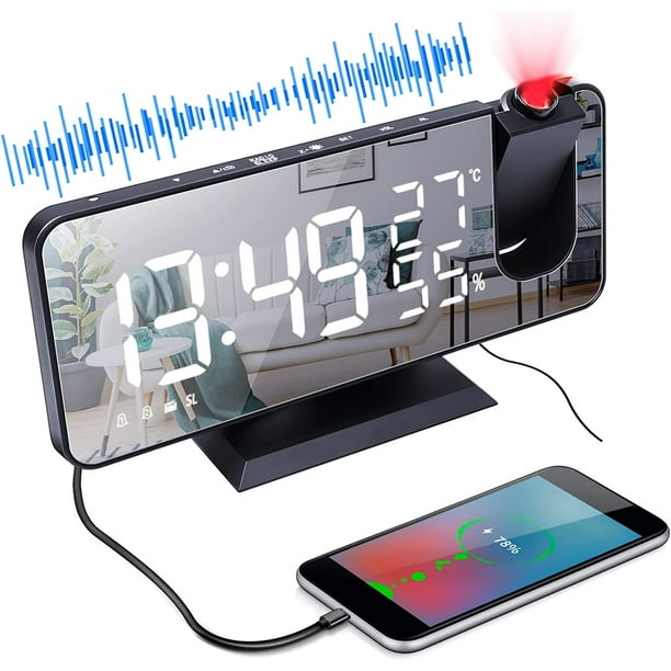 ZHAOCHENG Radio Despertador con Proyección en el Techo, Radio Despertador con Proyector de 180°, Reloj Digital con Pantalla de Espejo LED de 7"Puerto de Carga USB Función de repetición Reloj Digital c