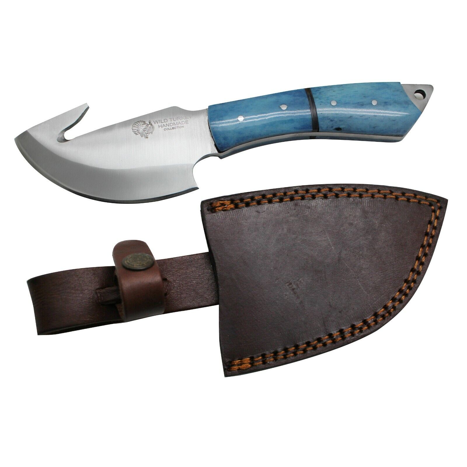 9.25" Blue Gut Hook Fishing Knife Bone Handle Hunting Fixed Blade with Sheath