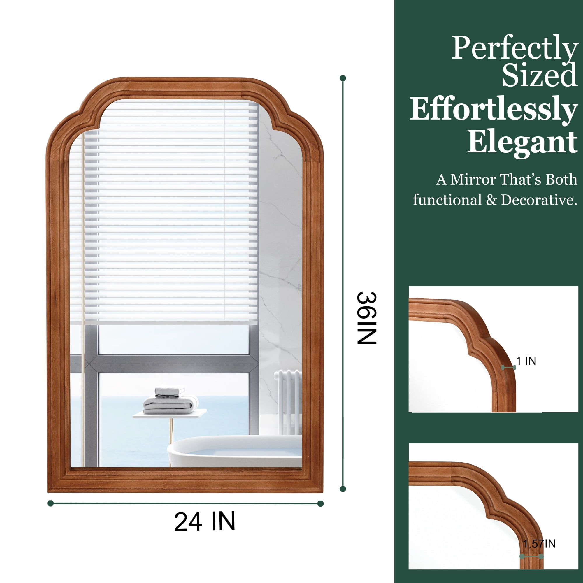 Jopath 24"x 36" Solid Wood Frame Rounded Corner Decorative Mirror, for Bedroom, Bathroom, Living Room, Entryway Yellowish Brown