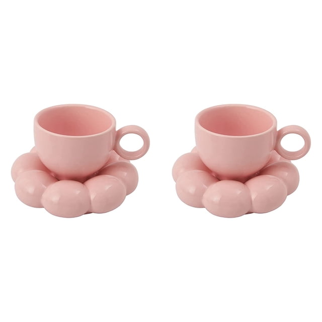 2X Juego de de Café y Platillo de Flores Juego de y Platillo de Café de CeráMica con Platillo de Girasol Tazas de Café con Leche 6.7Oz Rosa