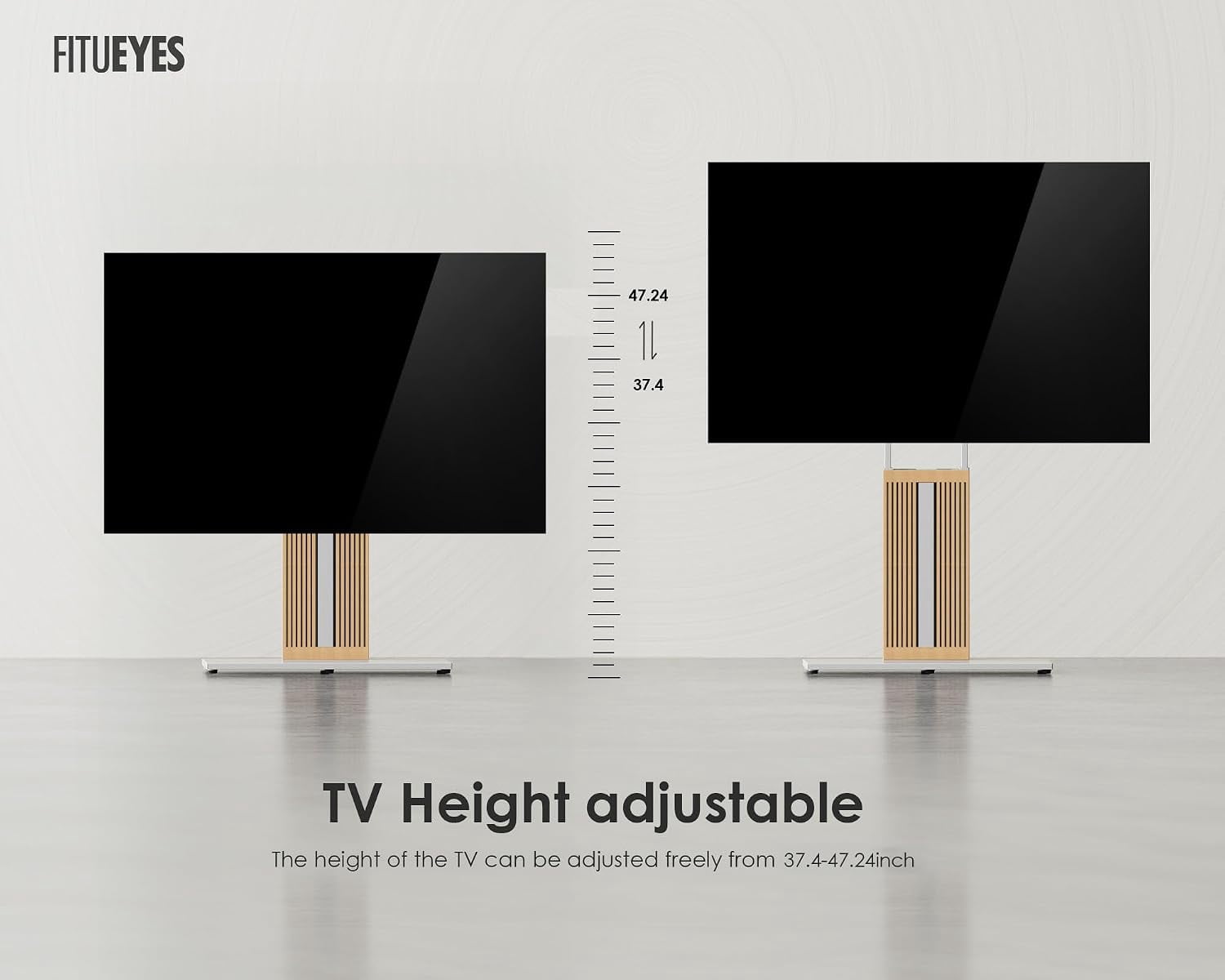 FITUEYES Zen Series Floor TV Stand for 55–88 Inch TVs, White & Light Wood, Hidden Storage