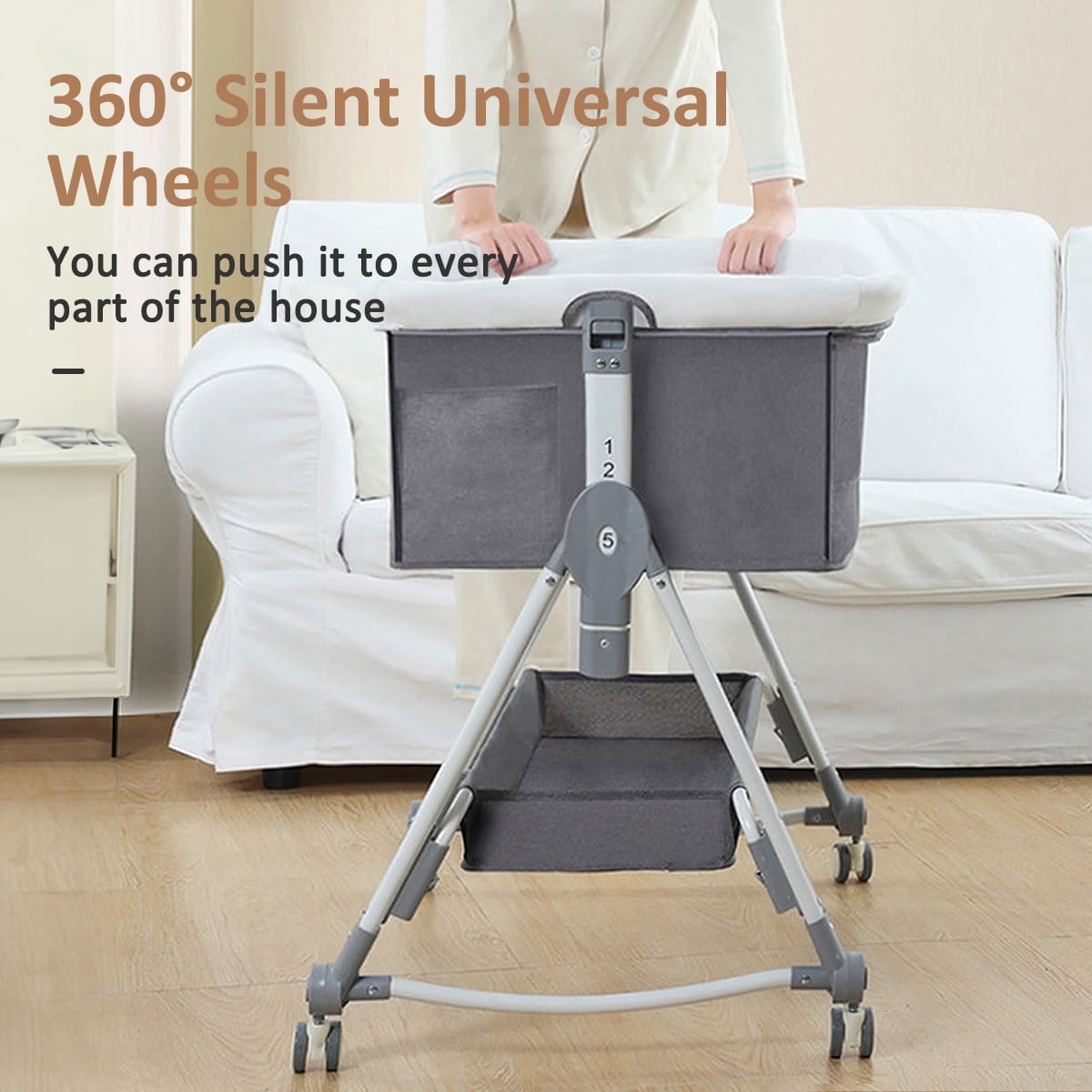 JieC 5-in-1 Baby Bassinet with Wheel,Adjustable Height Infant Bedside Crib with Diaper Table & Mosquito Net, Gray