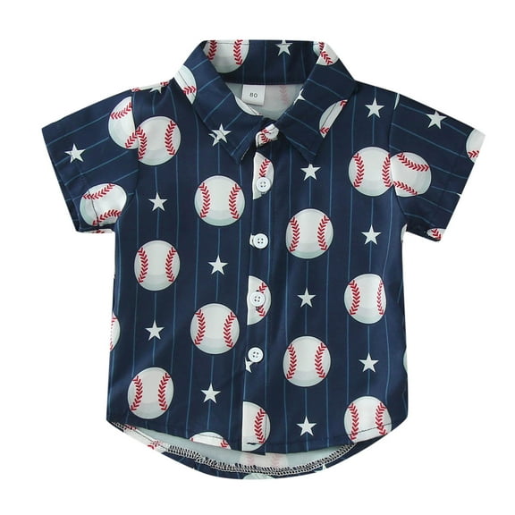 LNMQLPDBS Toddler Beach Shirts Boys Cartoon Baseball Graphic Printed Button Down Shirt Short Sleeve Lapel Blouse Cute Summer Tops Navy 2-3 Years