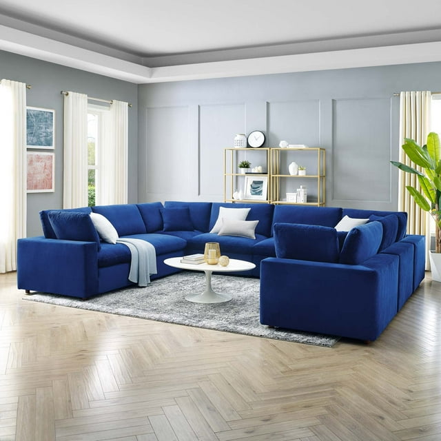 Modway Commix Canapé Sectionnel 8 Pcs Surrempli en Velours de Performance Garni de Duvet, Bleu Marine