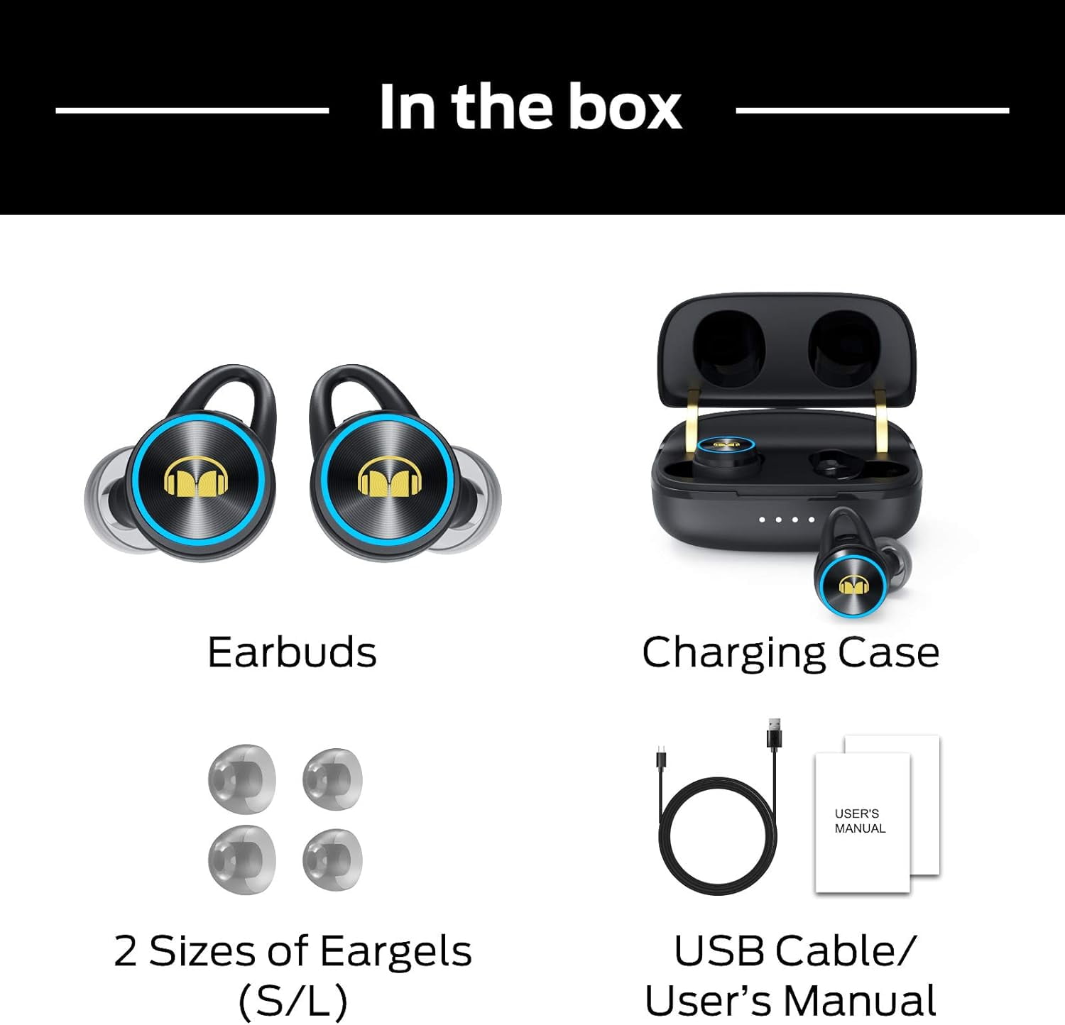 Monster Wireless Earbuds, Bluetooth 5.0 in-Ear Headphones with Charging Case, Stereo Earphones Deep Bass Sound, Built-in Mic, Clear Call, Water Resistant Design for Sports