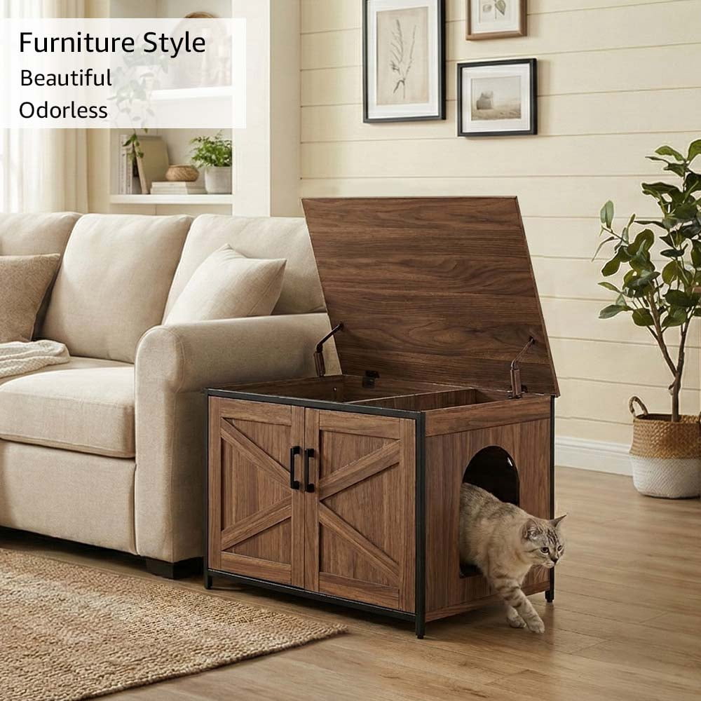 Unipaws Cat Litter Box Enclosure with Top Opening, Cat Washroom Storage Bench for Large Cat, High Jumbo Litter Box, Walnut