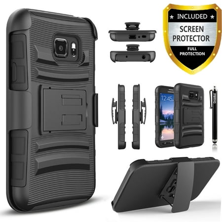 Galaxy S7 Active Case, Dual Layers [Combo Holster] And Built-In Kickstand Bundled with [Tempered Glass Screen Protector] Hybird Shockproof And Circlemalls Stylus Pen