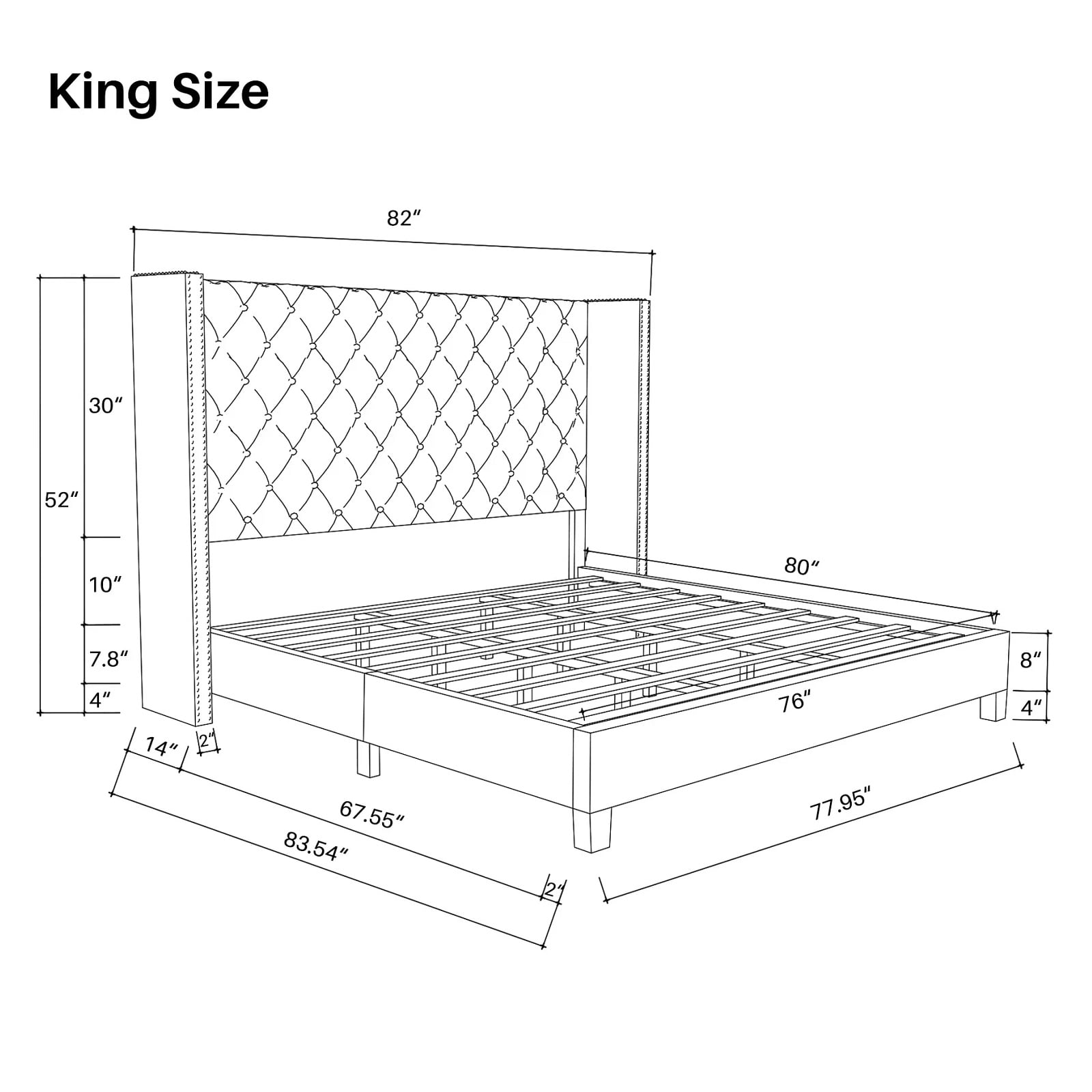 Nathaniel Home, King Upholstered Platform Bed Frame, Low Profile Deep Button Tufting Bed Frames, with Diamond Nailhead Trim Wingback Headboard, Gray