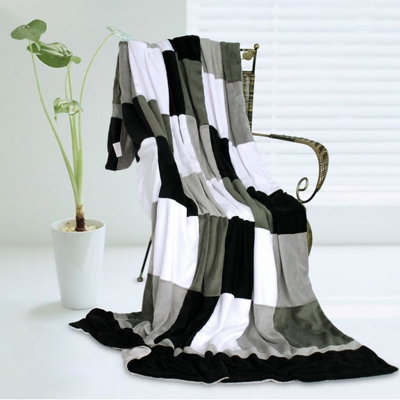 G&J Solid Space 59" X 78.7" Soft Coral Fleece Patchwork Blanket Striped Throw Blanket Black Grey Color