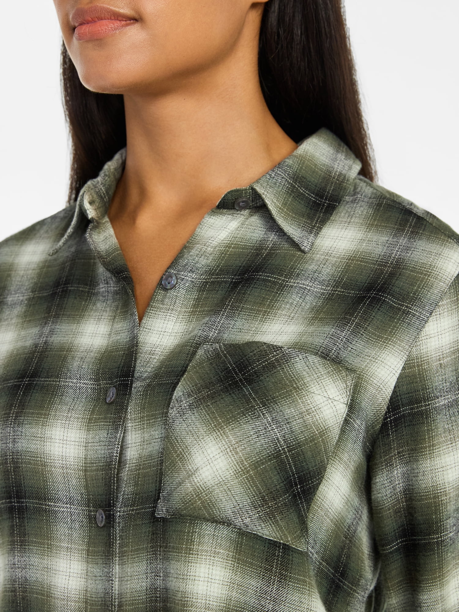 Time and Tru Women's Cropped Flannel Shirt with Long Sleeves, Sizes XS-XXXL