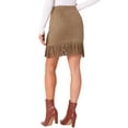 thumbnail image 3 of INSPIRE CHIC Women's Faux Suede Skirt Fringe Trim High Waist Vintage Casual Mini Skirts M Camel, 3 of 6
