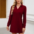 thumbnail image 3 of Women's A-Line Loose Polo Collar Long Sleeve Wine Red Midi Dress - Solid Casual Athletic Pullover Sweatshirt, Spring & Autumn, S-XXL, 3 of 5