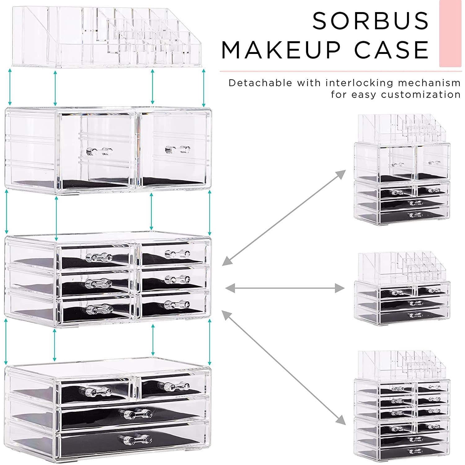 Sorbus Stackable Clear Makeup Organizer, 4-Piece, 12 Drawers, 16 Lipstick Slots