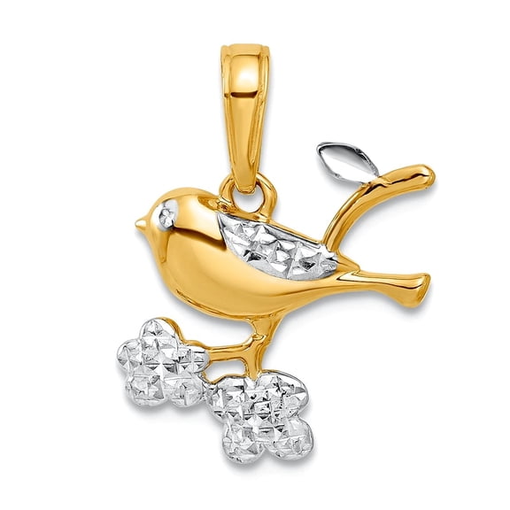 14k and White Rhodium Sparkle-Cut Bird Branch Pendant Necklace 19.8x14mm Wide 2.4mm Thick Pendant for Women
