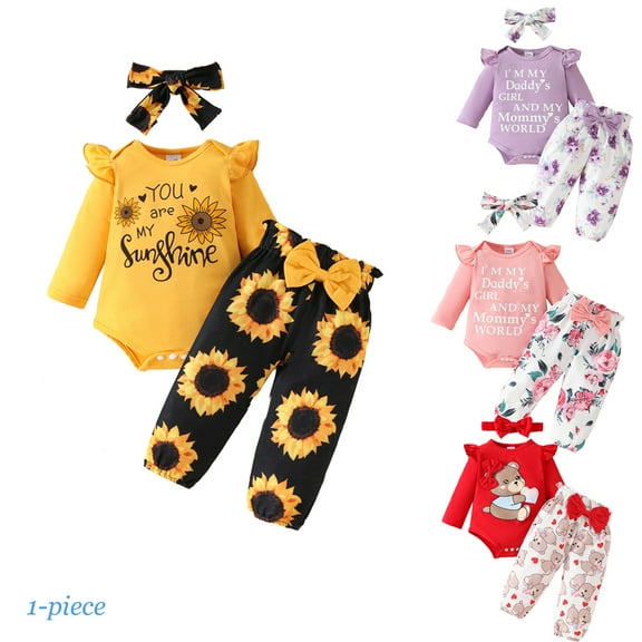 Bellafa Infant Girls 3Pcs Outfits Clothes Baby Girl Letters Print Romper Top Floral Pants Sets For 0-18M Newborn Girls