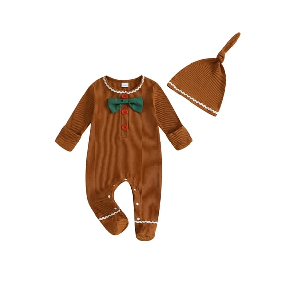 Spewahor Infant Baby Girl Boy Christmas Fall Romper 0 3 6 12 18 24 Months Bowtie Long Sleeve Footie Romper Knotted Hat