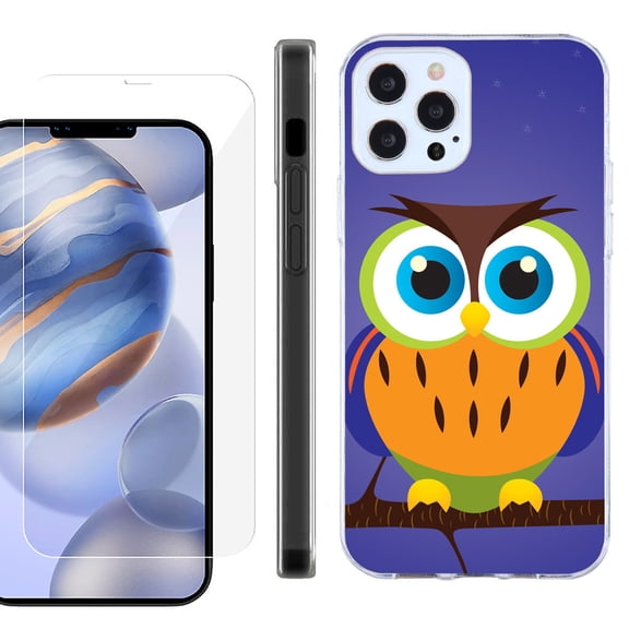 Slim Fit Protective Phone Case for Apple iPhone 12 / iPhone 12 Pro, with Tempered Glass Screen Protector, by OneToughShield ® - Night Owl