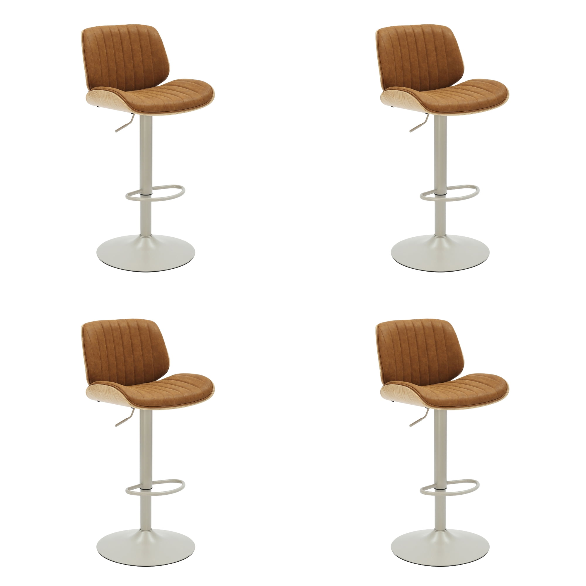 Brock Adjustable Swivel Camel Curved Back Wood Bar Stool with Faux Leather Seat Set of 4