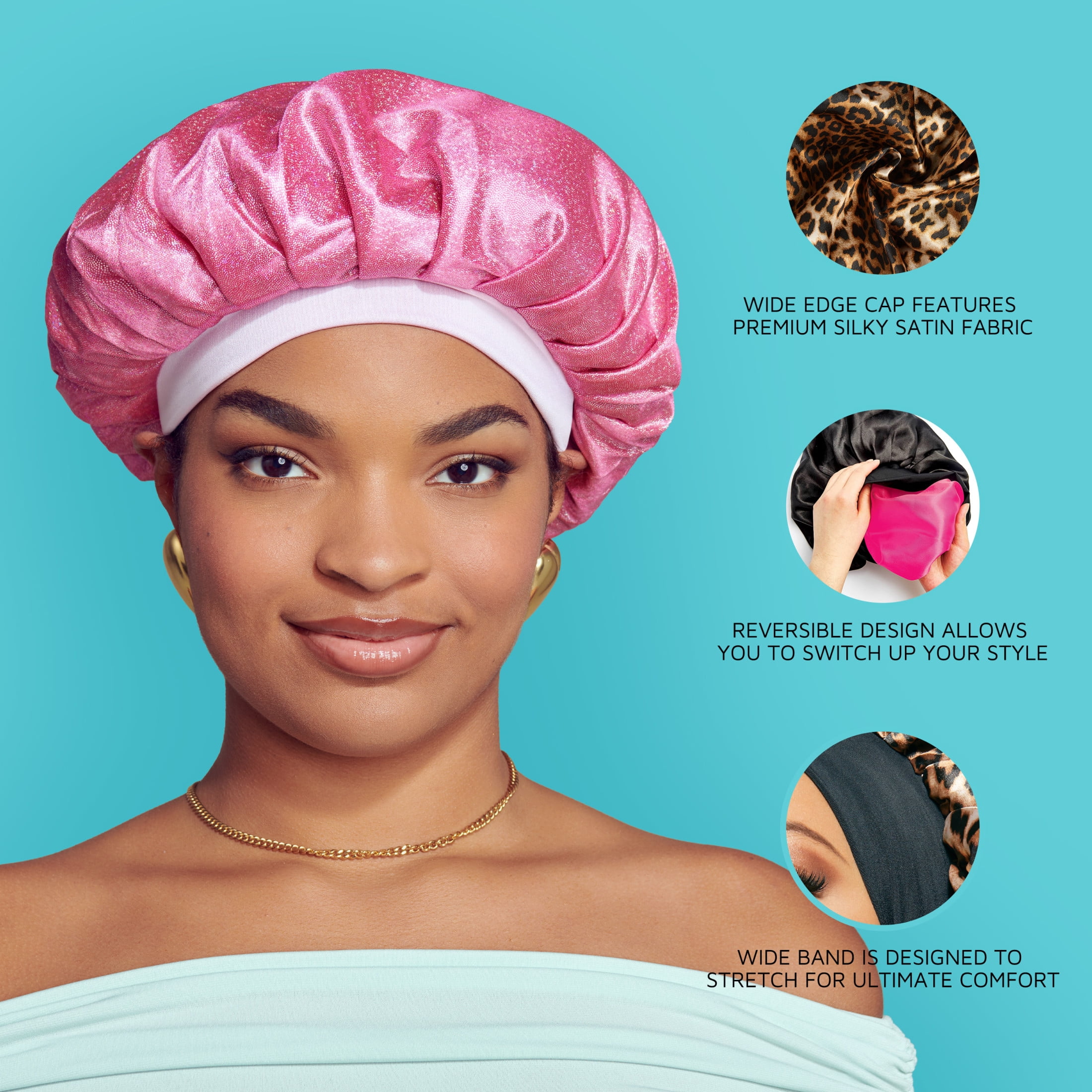 (2 pack) Kiss Colors & Care Silky Satin Reversible Hair Bonnet Cap, Wide Edge, Super Jumbo, Black