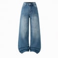thumbnail image 4 of TOWED22 Girl's Print Back Zipper Fly Elastic High Waist Denim Pants Basic Wide Leg Jeans Blue,15-16 Y, 4 of 4