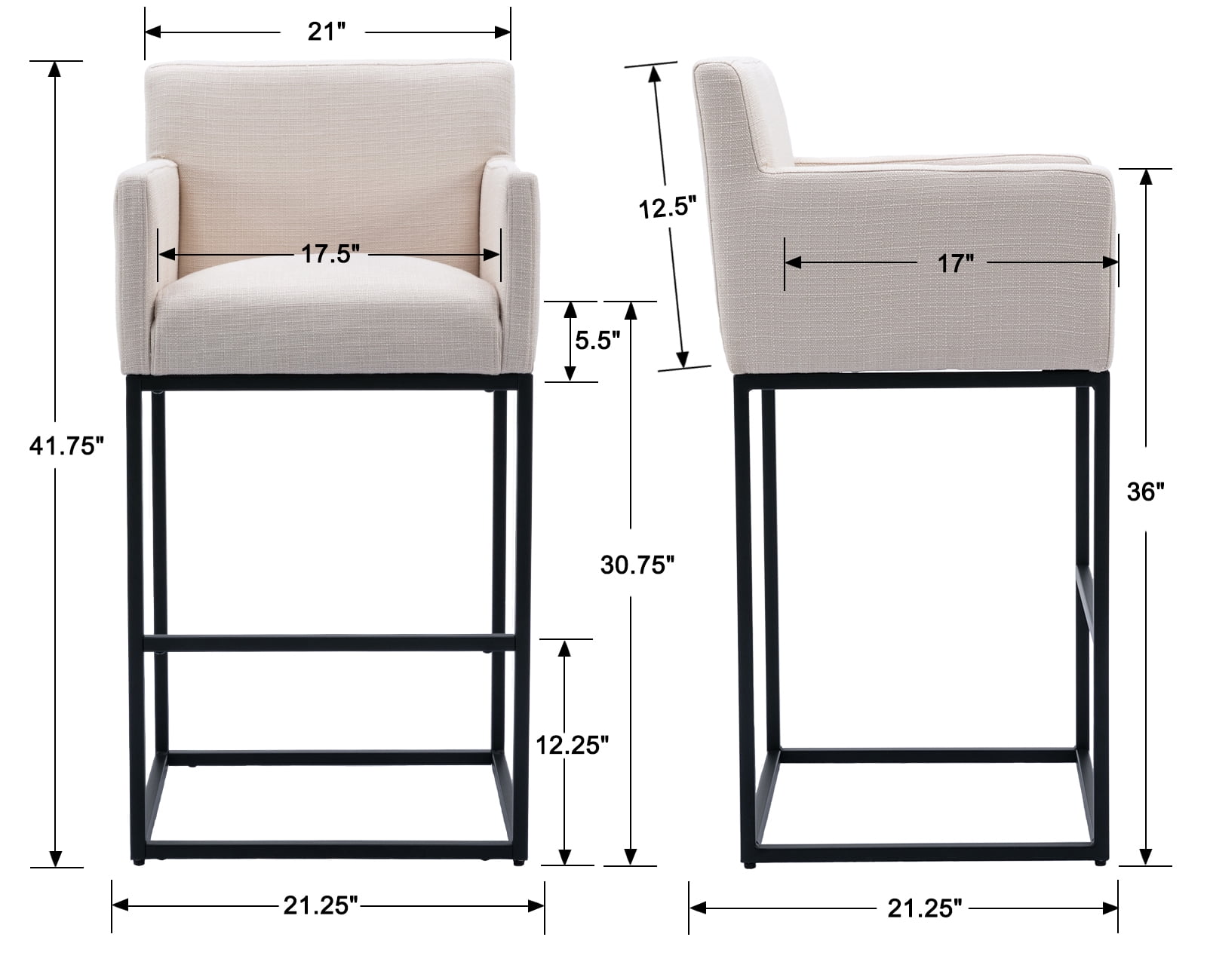 Guyou 30.75" Modern Bar Stools Set of 2, Linen Upholstered Counter Height Bar Stool with Back and Arms, Kitchen Island Stool with Black Metal Frame for Home Bar Restaurant, Cream