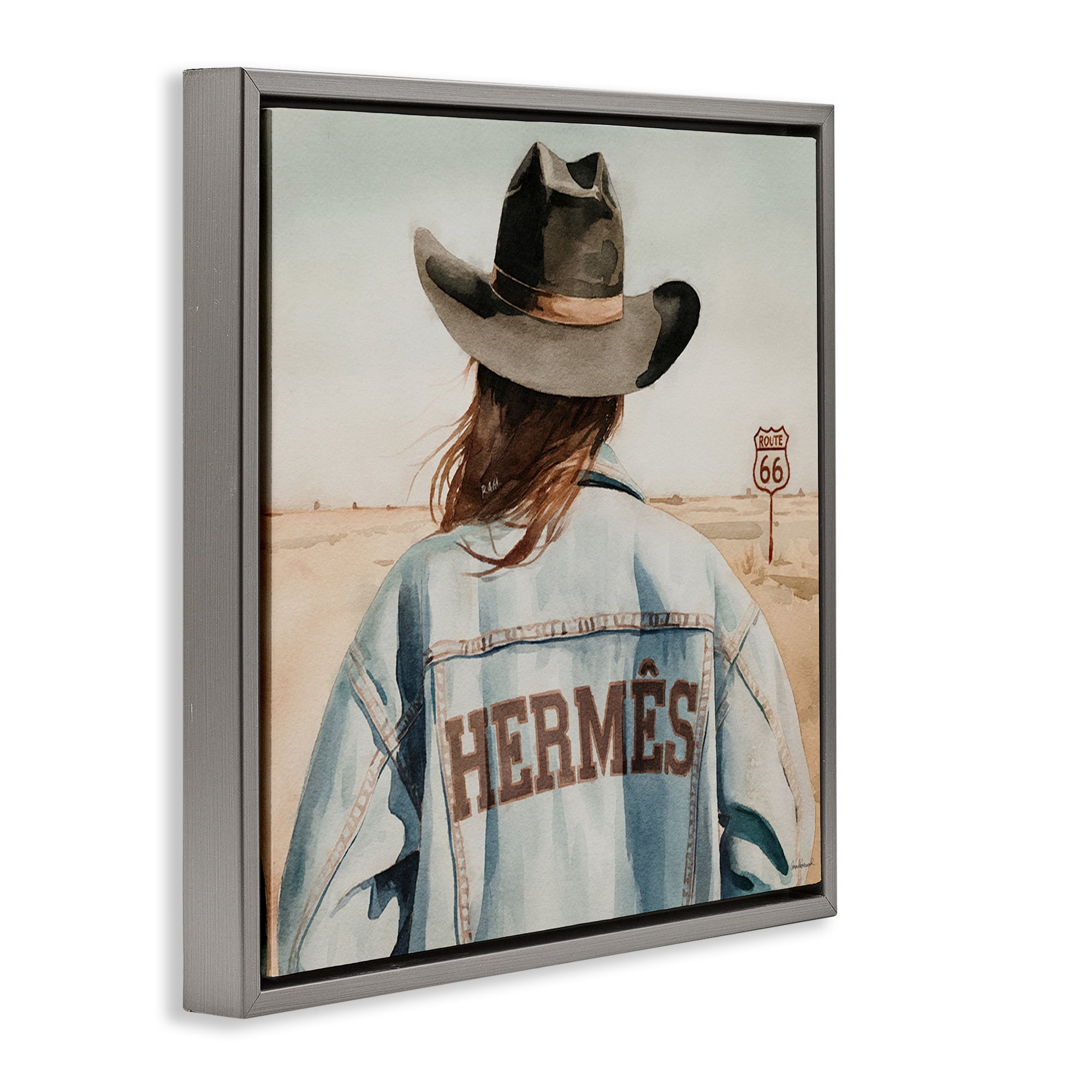Stupell Industries Trendy Cowgirl in Desert People Painting Gray Floater Framed Canvas Art Print Wall Art, 18 x 18