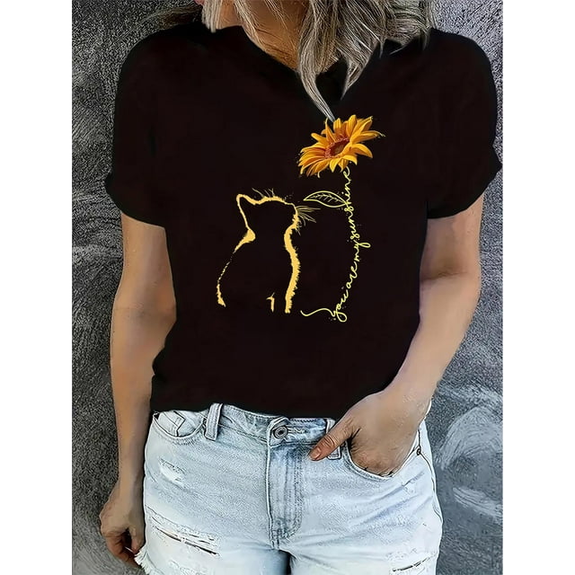 Camisetas con gráficos clásico para mujeres y adolescentes y niñas, playera de verano con estampado estéticoWomen's Fashion Casual T-Shirt with Creative Cat and Sunflower Print, Round Neck, Short Sl