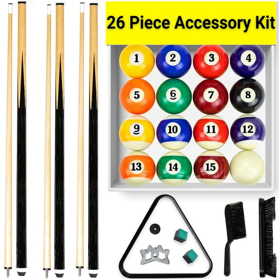 Freetime Fun Pool Table Accessories Including Billiard Pool Balls, Pool Cues, Pool Chalk, 8 Ball Triangle, Pool Table Brush - 26 Piece Billiard Pool Accessories Set - RB9202