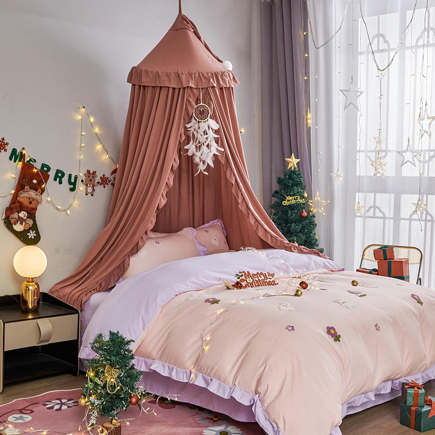 Bed Canopy for with Lights,Double Layer Princess Round Dome Dreamy Mosquito Net Bedding Girls Room Castle Play Tent Hanging House Decor Reading Nook Canopies(Gray/White)