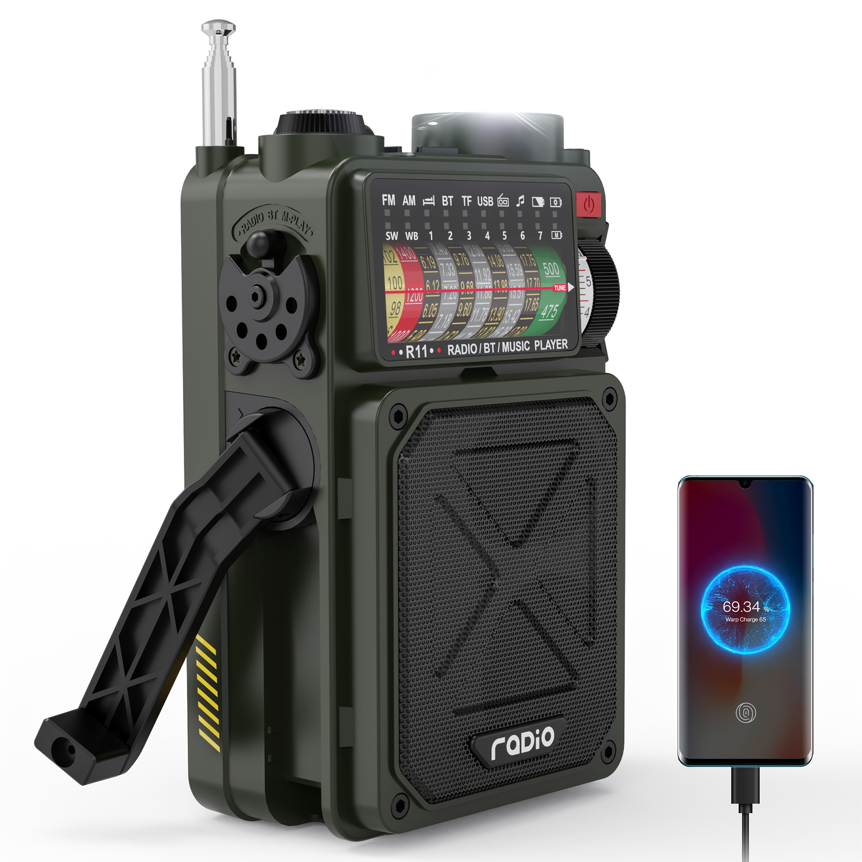 Emergency Radio: 4000mAh, Digital Shortwave, AM/FM/SW, NOAA, SD/USB MP3, Hand Crank, Solar Power, SOS Flashlight